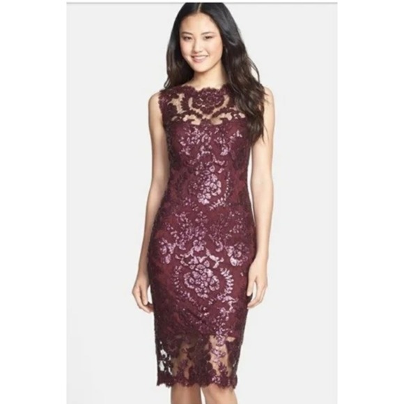 Tadashi Shoji Dress Size 0 Burgundy Red Lace Sequin Cocktail Party Formal Dress - Picture 1 of 11